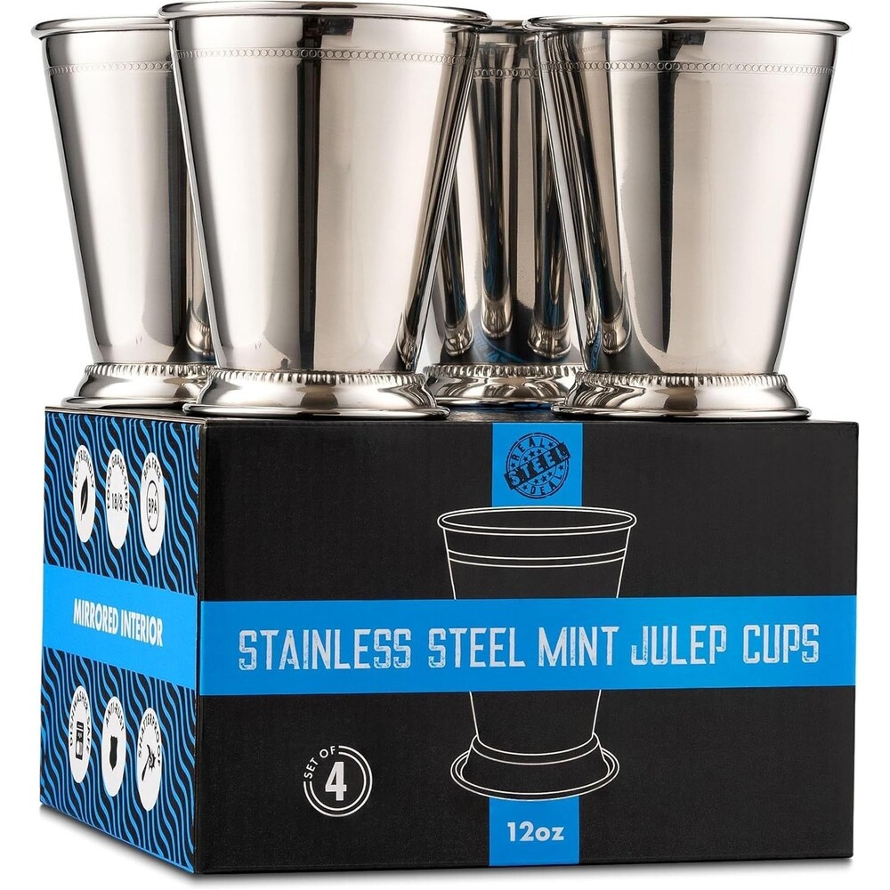 Mint Julep Cups 100% Stainless Steel, Set of 4, Metal 12 oz Cocktail Glasses NEW